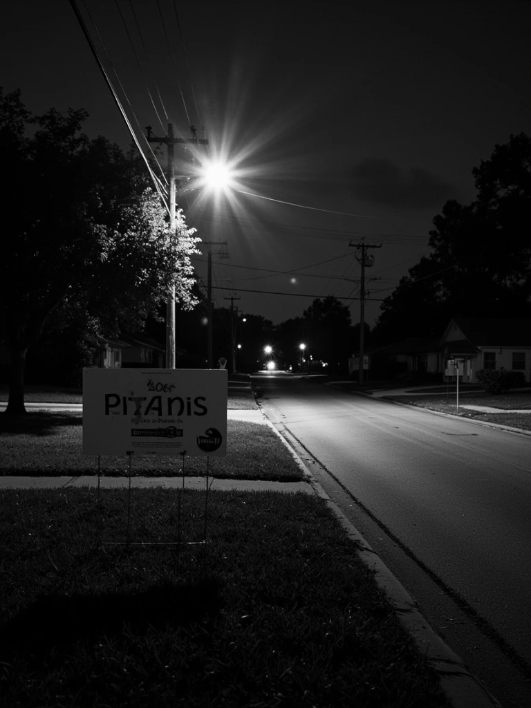 A suburban cul-de-sac at dusk, two opposing yard signs across a lawn.