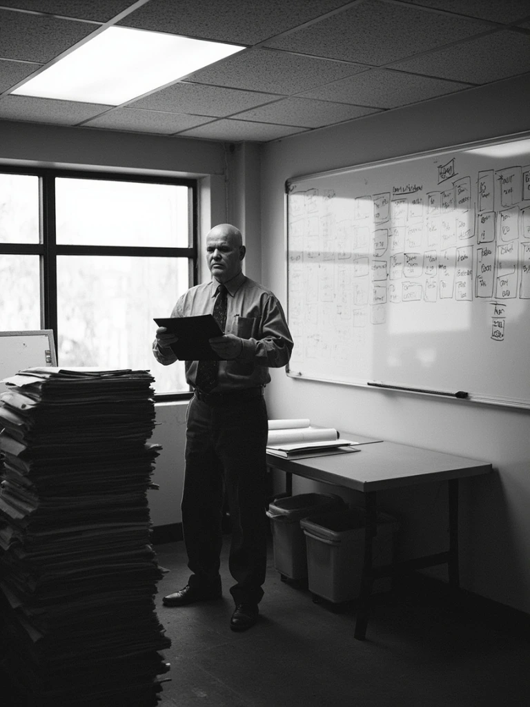 An empty campaign field office with a precinct-map whiteboard and stacked clipboards.
