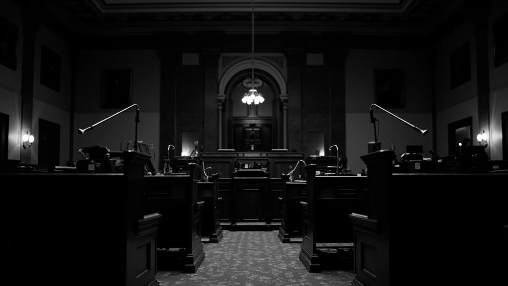 An empty state legislative chamber photographed in high-contrast black and white, desks and microphone stands receding into the dark.